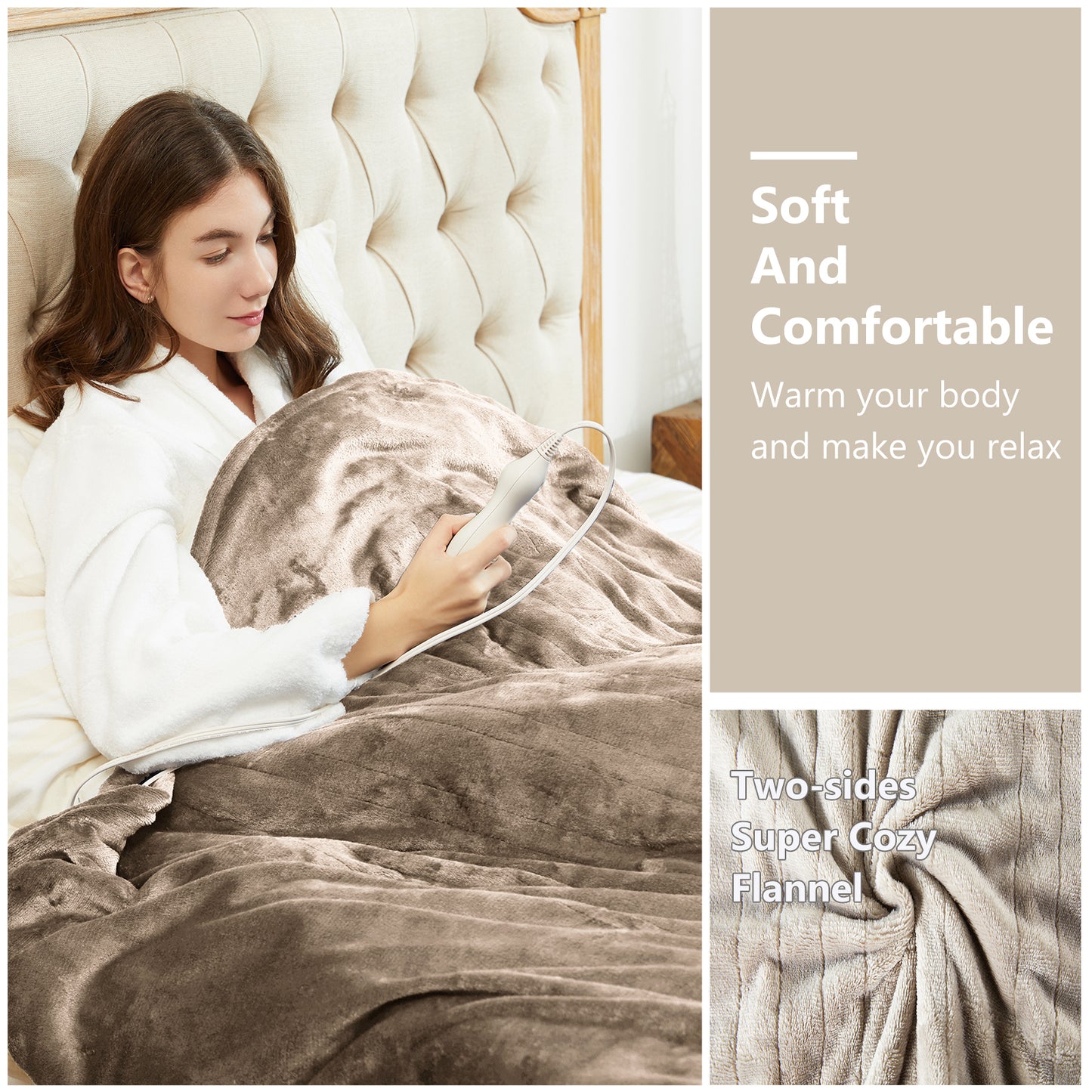 Heating Blanket Throw – Camel Color, Dual-Sided Flannel, Adjustable Heat for Ultimate Comfort
