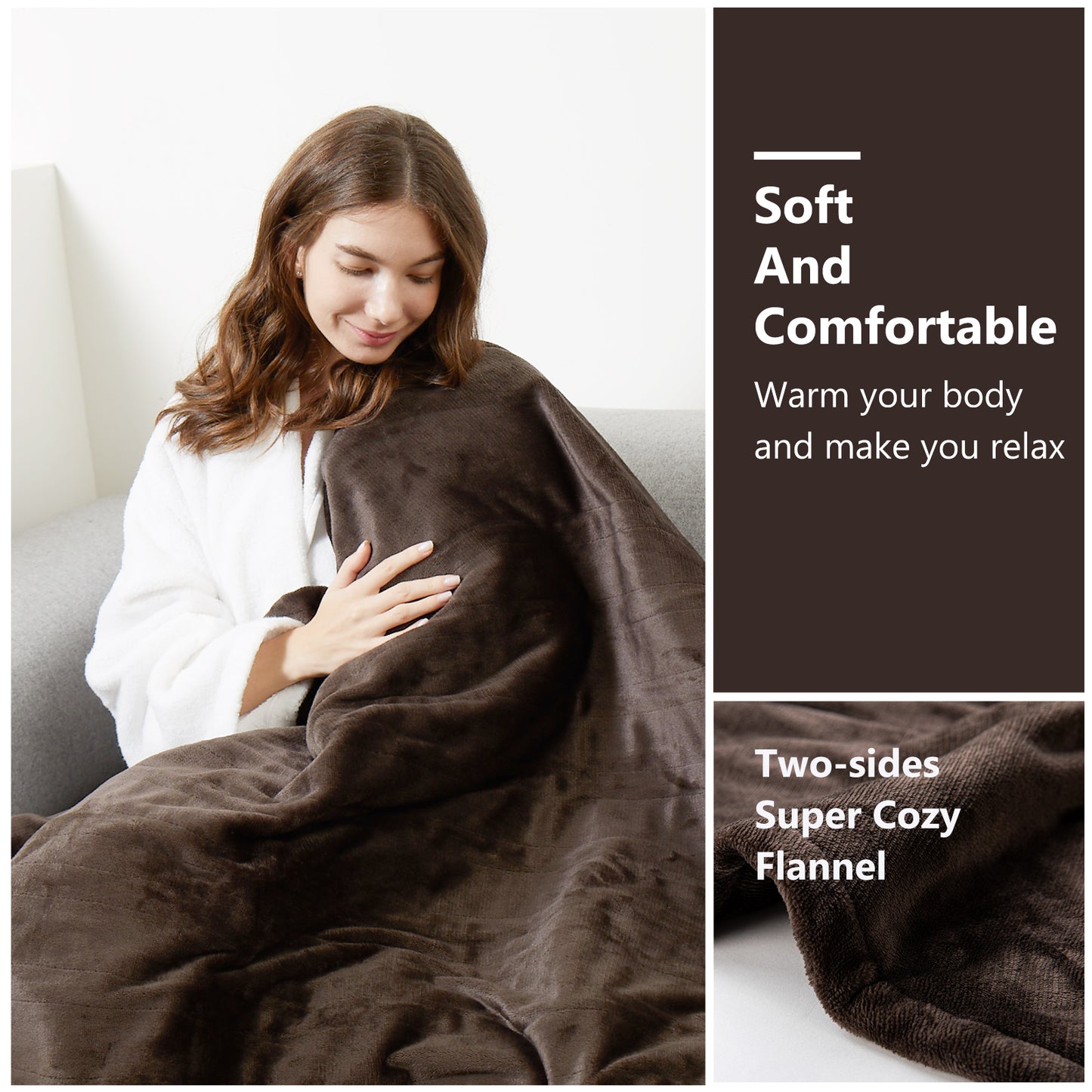 Heating Blanket Throw – Brown Color, Dual-Sided Flannel, Adjustable Heat for Cozy Comfort