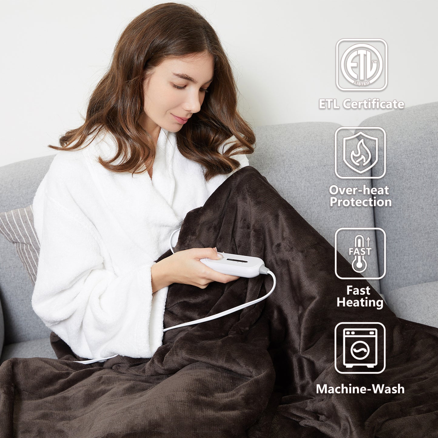 Heating Blanket Throw – Brown Color, Dual-Sided Flannel, Adjustable Heat for Cozy Comfort