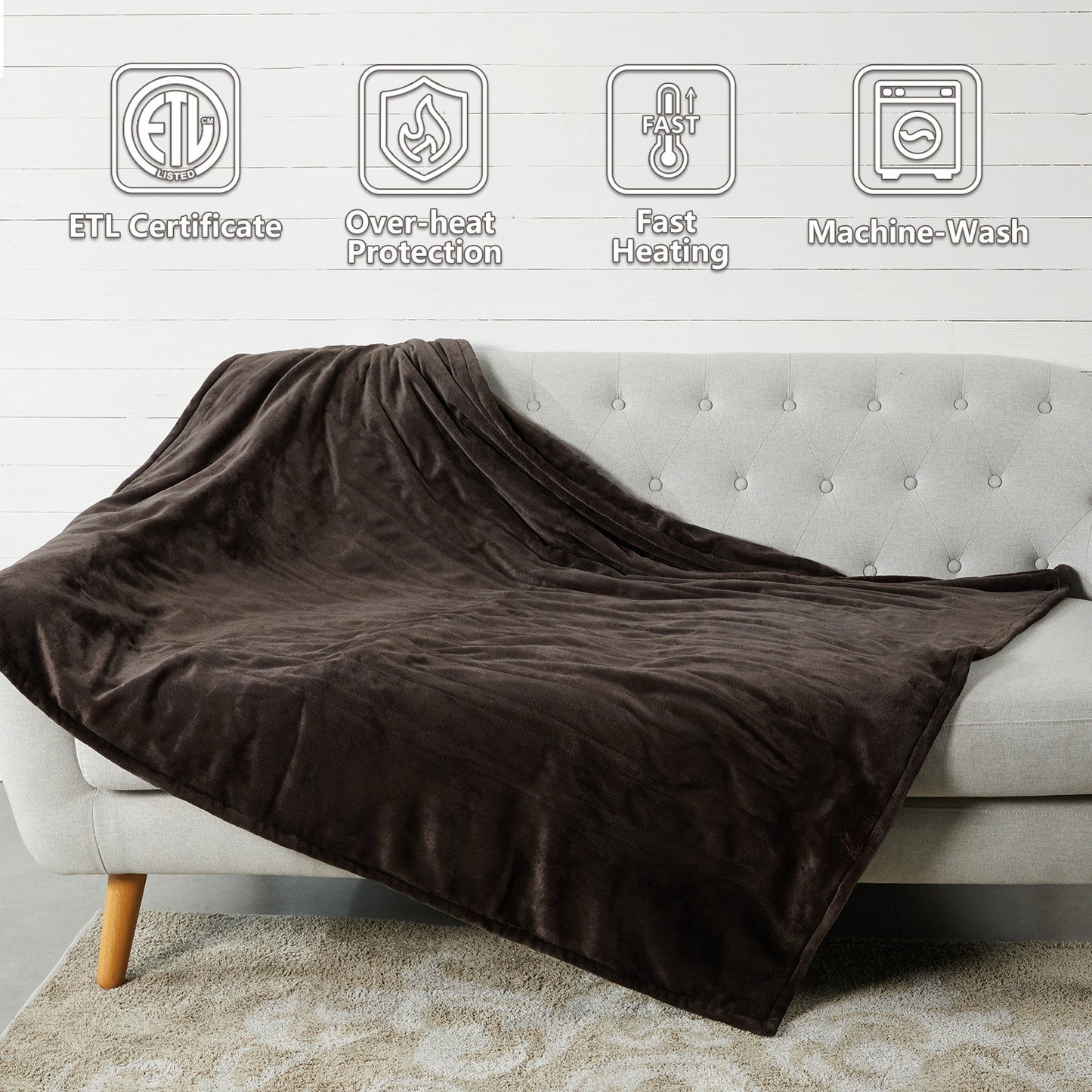 Heating Blanket Throw – Brown Color, Dual-Sided Flannel, Adjustable Heat for Cozy Comfort
