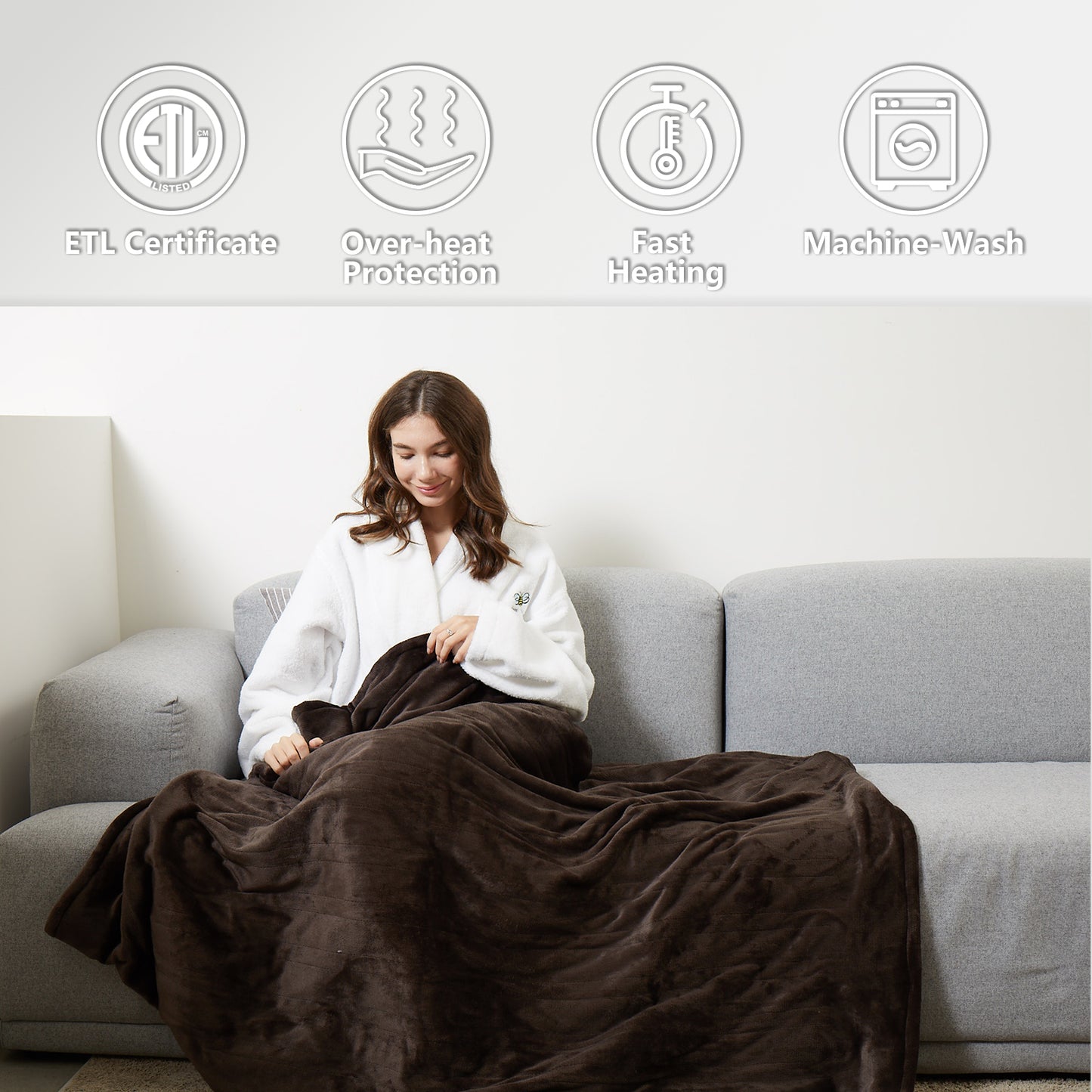 Heating Blanket Throw – Brown Color, Dual-Sided Flannel, Adjustable Heat for Cozy Comfort