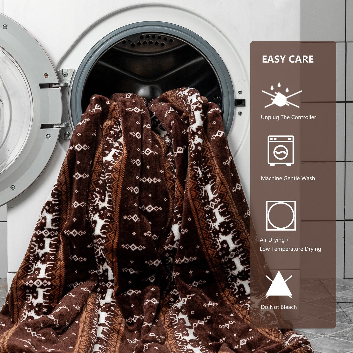 Heating Blanket Throw – Brown with Reindeer Pattern, Perfect Christmas Gift