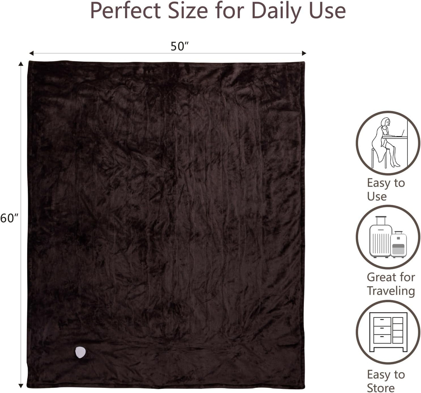 Tefici Electric Heated Blanket Throw, Super Cozy Soft 2-Layer Flannel 50" x 60" Heated Throw with 3 Heating Levels & 4 Hours Auto Off, Machine Washable, ETL&FCC Certified, Home Office Use,Brown