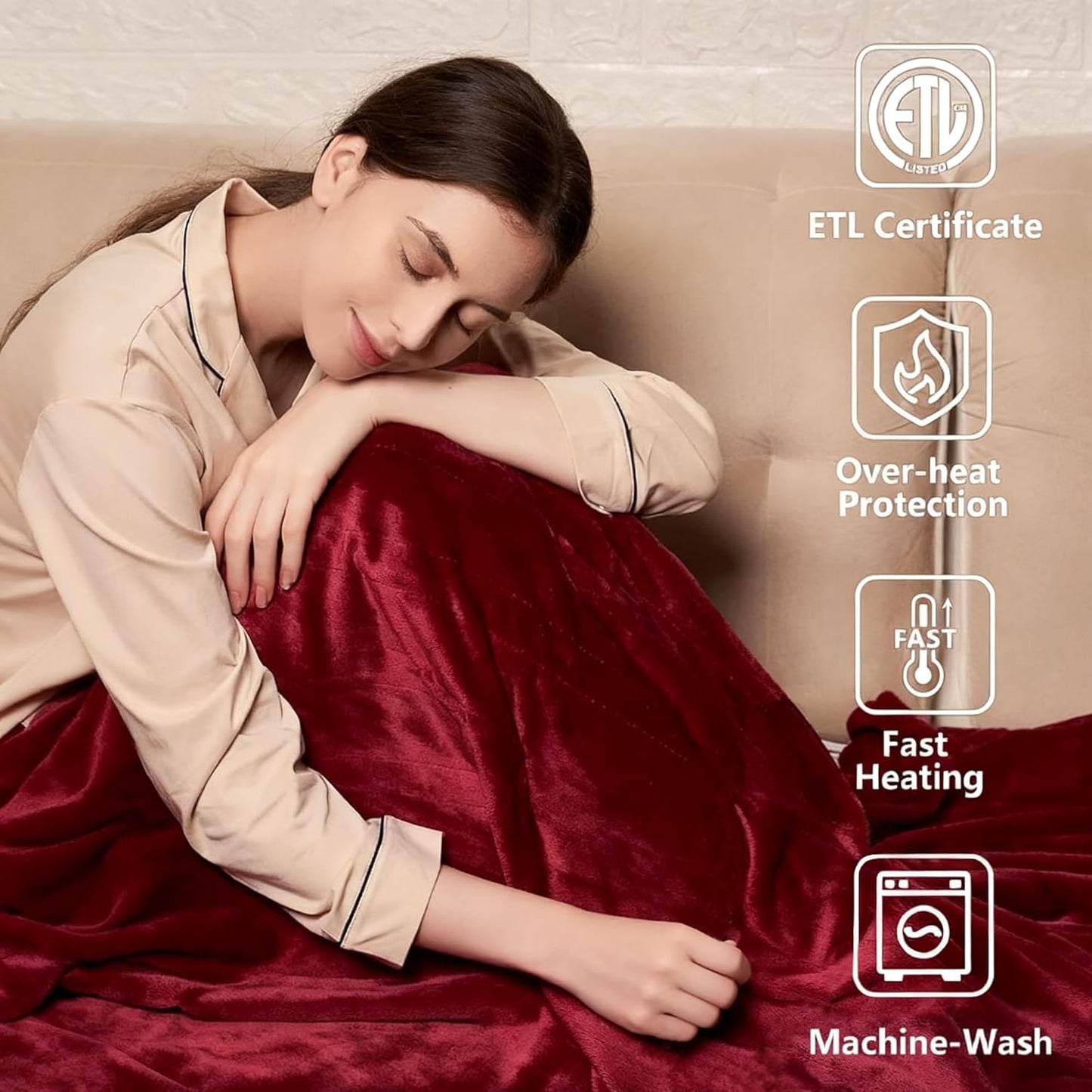 Tefici Electric Heated Blanket Throw, Super Cozy Soft 2-Layer Flannel 50" x 60" Heated Throw with 3 Heating Levels & 4 Hours Auto Off, Machine Washable, ETL&FCC Certified, Home Office Use, Red