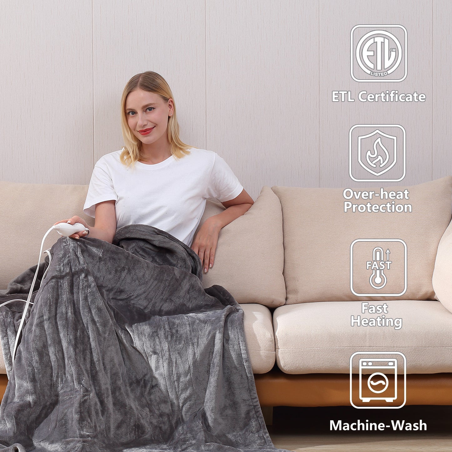 Heating Blanket Throw – Gray Color, Dual-Sided Flannel, Adjustable Heat for Everyday Comfort