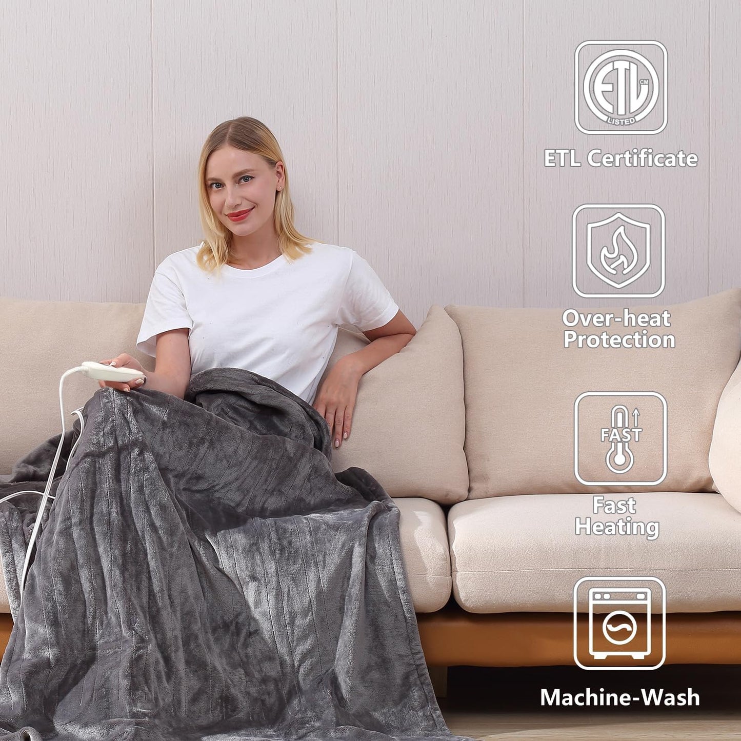 Tefici Electric Heated Blanket Throw, Super Cozy Soft 2-Layer Flannel 50" x 60" Heated Throw with 6 Heating Levels & 4 Hours Auto Off, Machine Washable, ETL&FCC Certified, Home Office Use,Grey