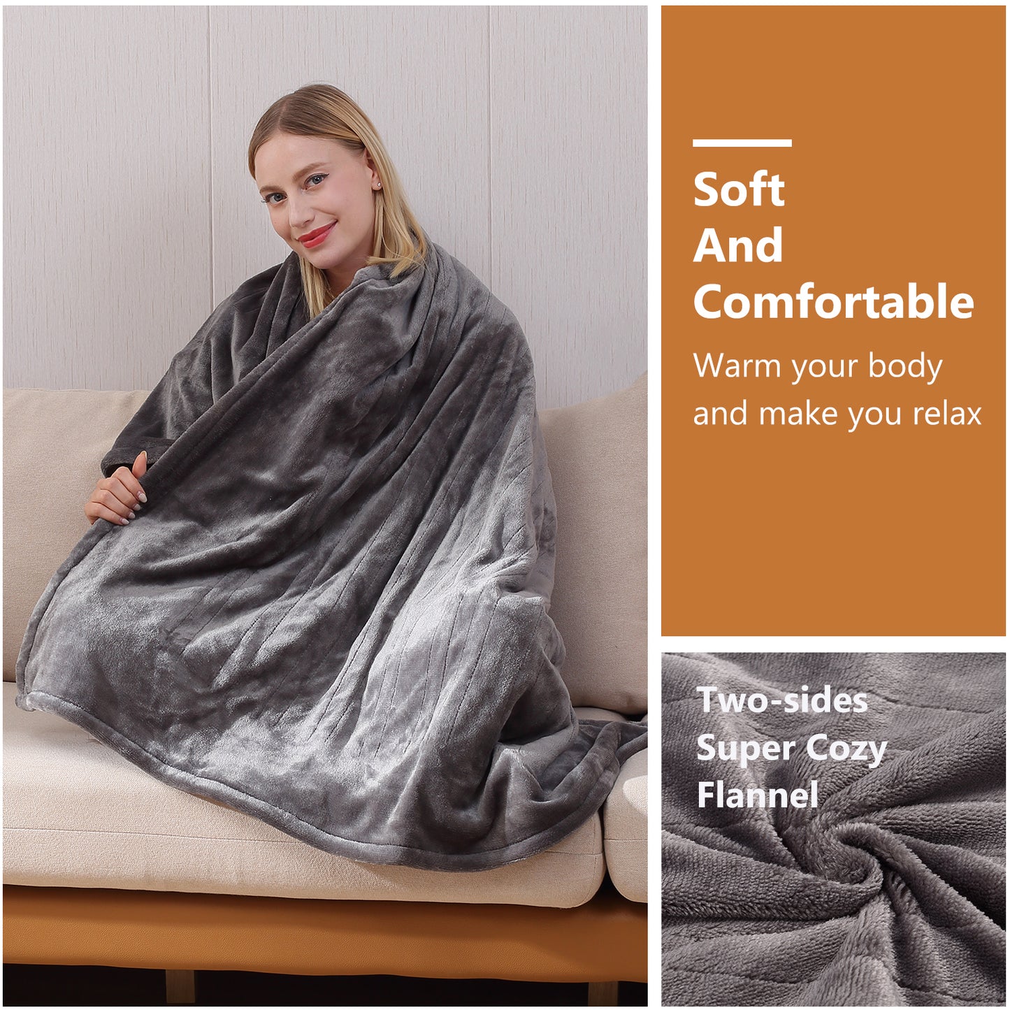Heating Blanket Throw – Gray Color, Dual-Sided Flannel, Adjustable Heat for Everyday Comfort