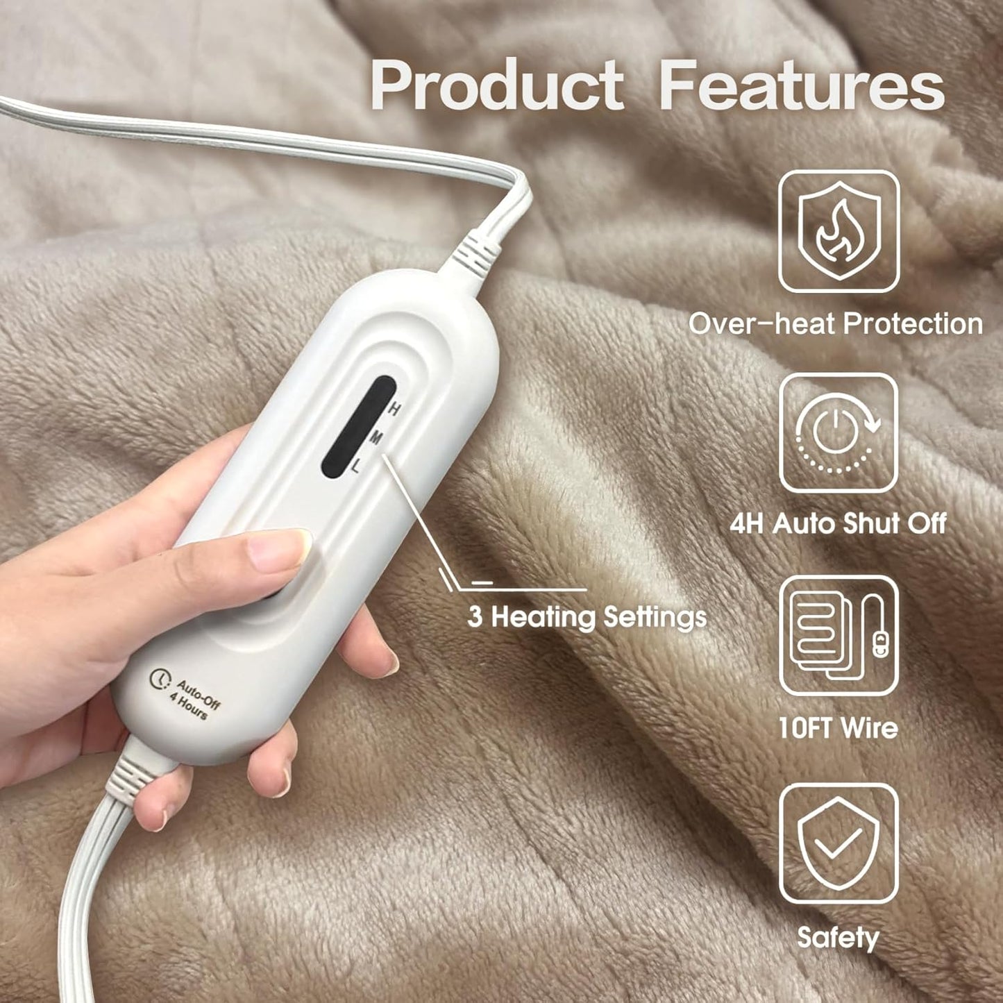 Tefici Heated Blanket Throw 50"x60", Ultra Soft 2-Layer Flannel Electric Blanket, for Home Office Sofa,3 Heat Settings, 4H Auto Off, ETL FCC Certified, Overheat Protection, Machine Washable, Camel