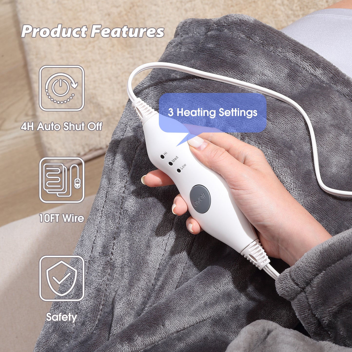 Heating Blanket Throw – Gray Color, Dual-Sided Flannel, Adjustable Heat for Everyday Comfort