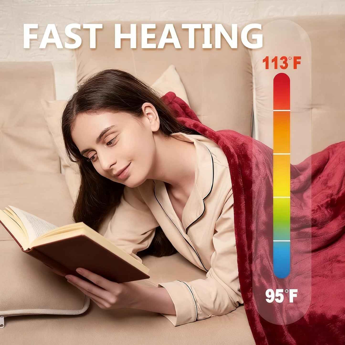Tefici Electric Heated Blanket Throw, Super Cozy Soft 2-Layer Flannel 50" x 60" Heated Throw with 3 Heating Levels & 4 Hours Auto Off, Machine Washable, ETL&FCC Certified, Home Office Use, Red