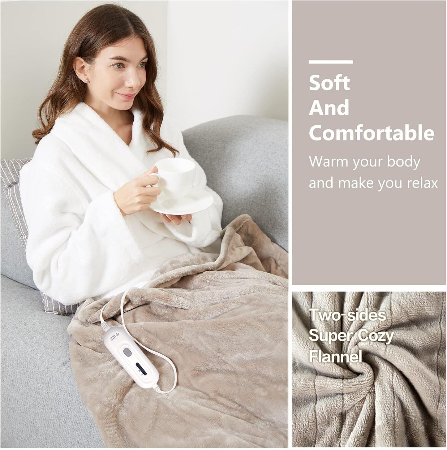Tefici Heated Blanket Throw 50"x60", Ultra Soft 2-Layer Flannel Electric Blanket, for Home Office Sofa,3 Heat Settings, 4H Auto Off, ETL FCC Certified, Overheat Protection, Machine Washable, Camel