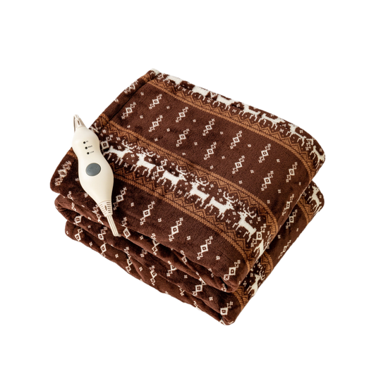 Heating Blanket Throw – Brown with Reindeer Pattern, Perfect Christmas Gift