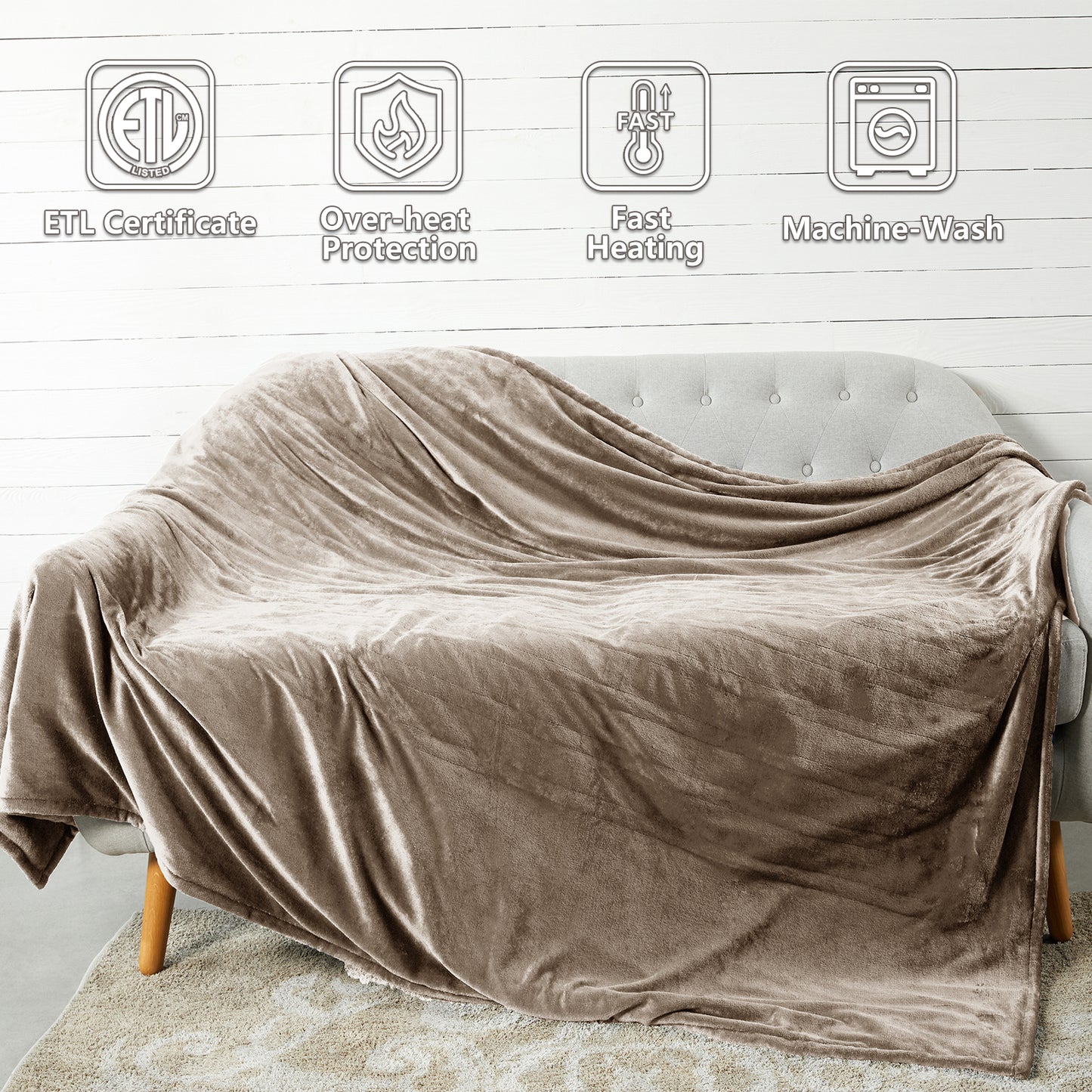 Heating Blanket Throw – Camel Color, Dual-Sided Flannel, Adjustable Heat for Ultimate Comfort