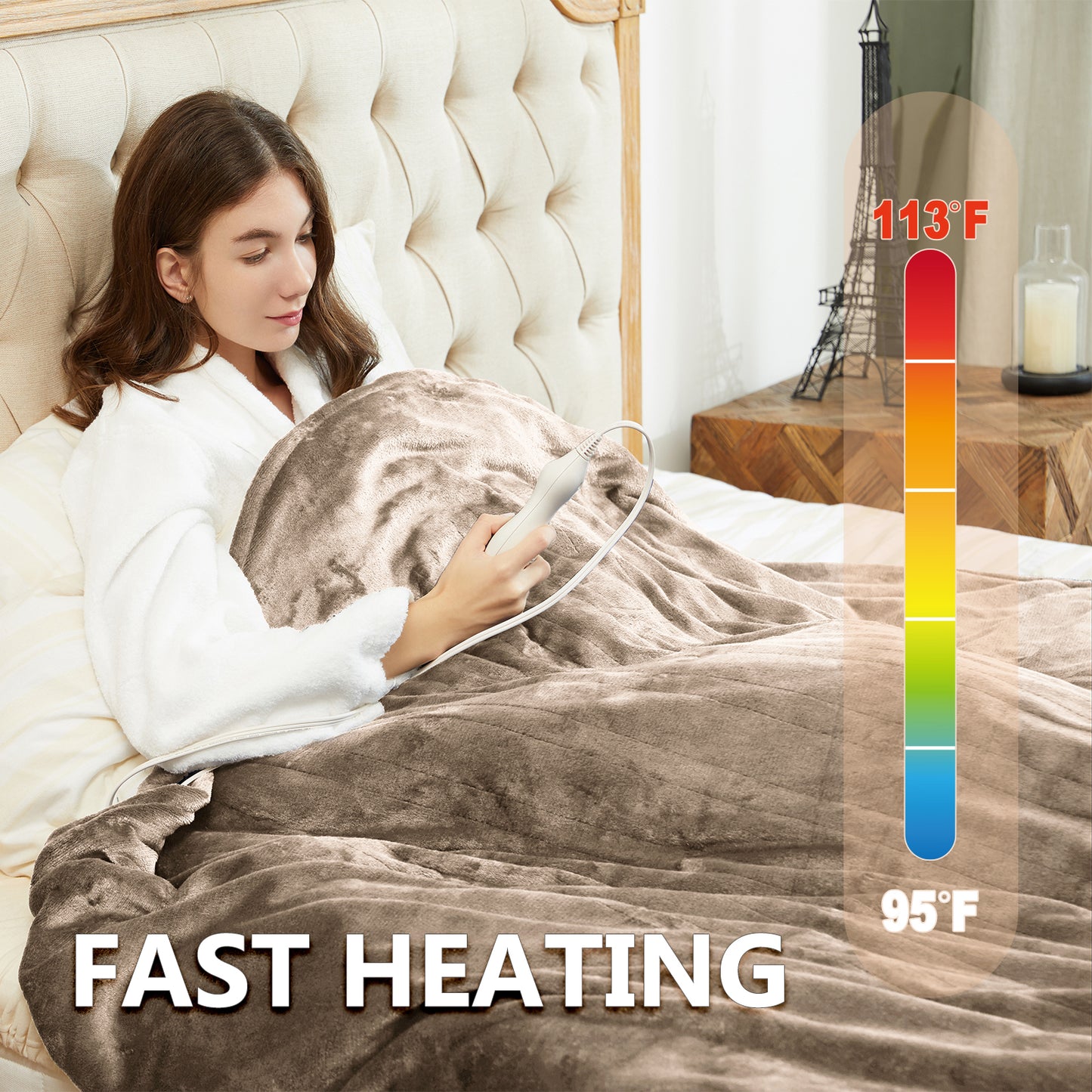 Heating Blanket Throw – Camel Color, Dual-Sided Flannel, Adjustable Heat for Ultimate Comfort