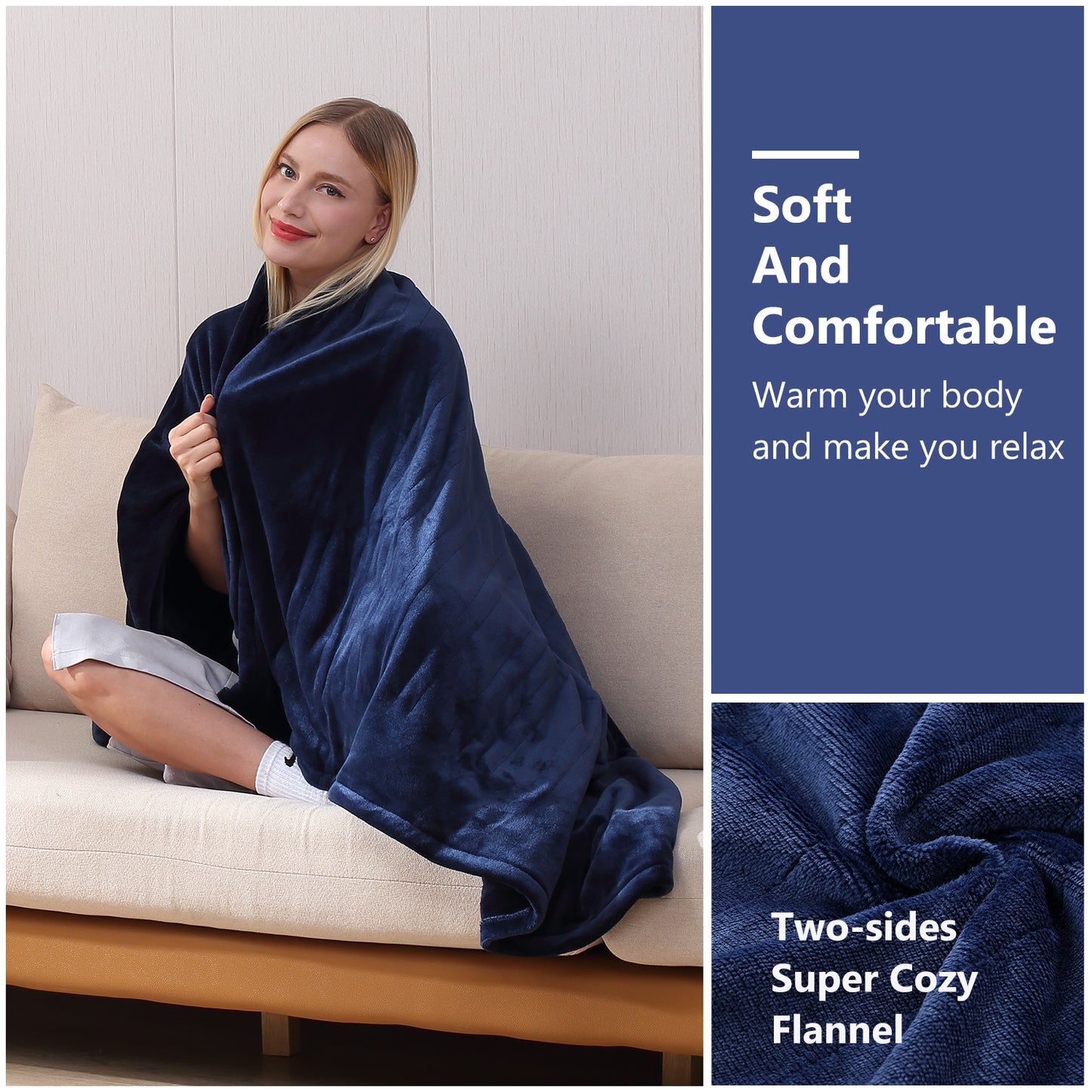 Heating Blanket Throw – Blue Color, Dual-Sided Flannel, Adjustable Heat for Ultimate Comfort