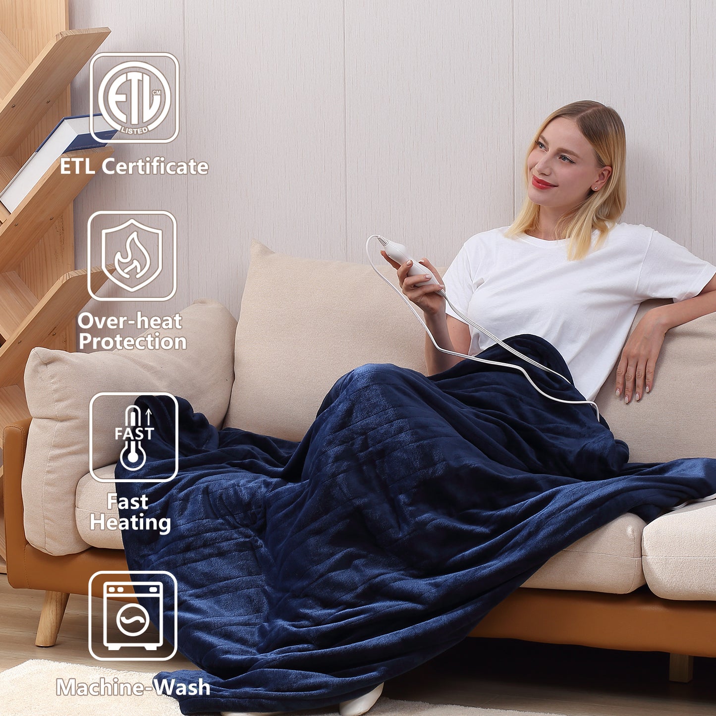 Heating Blanket Throw – Blue Color, Dual-Sided Flannel, Adjustable Heat for Ultimate Comfort