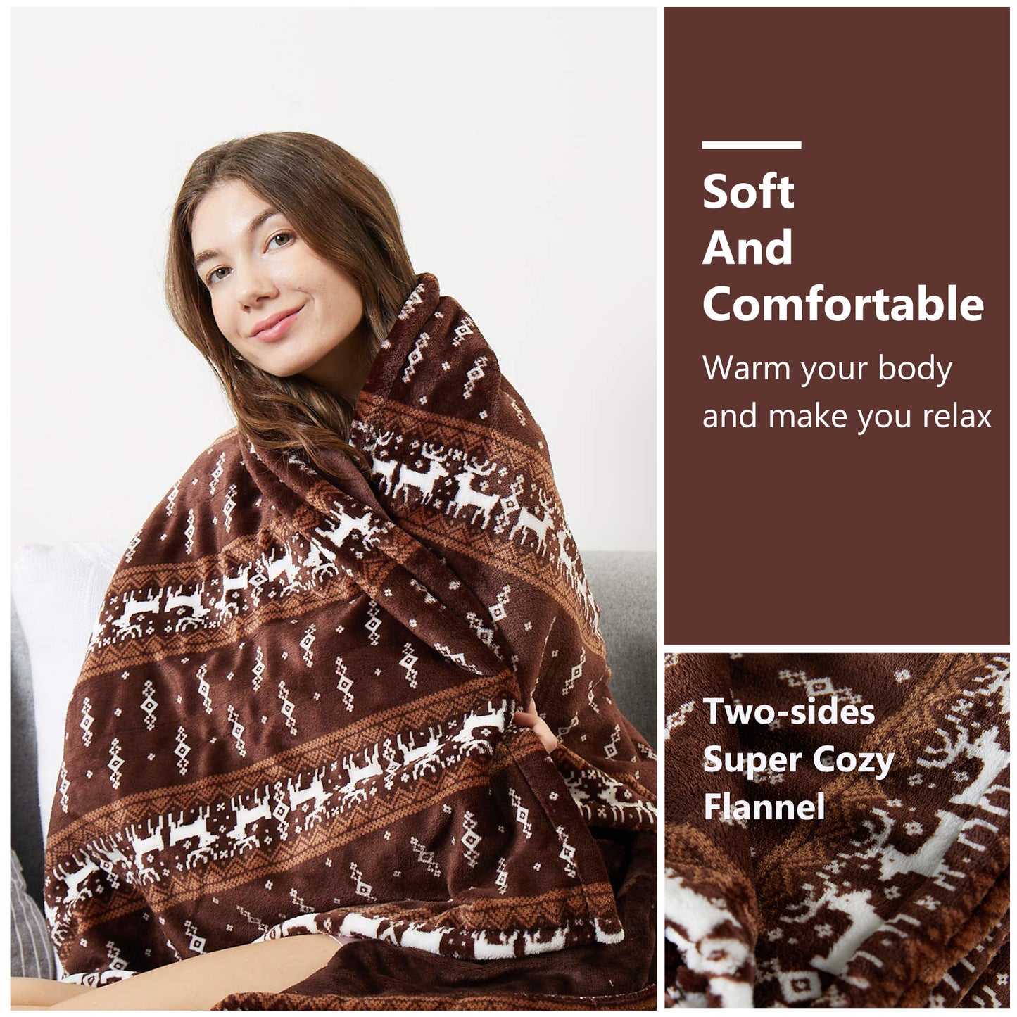 Heating Blanket Throw – Brown with Reindeer Pattern, Perfect Christmas Gift