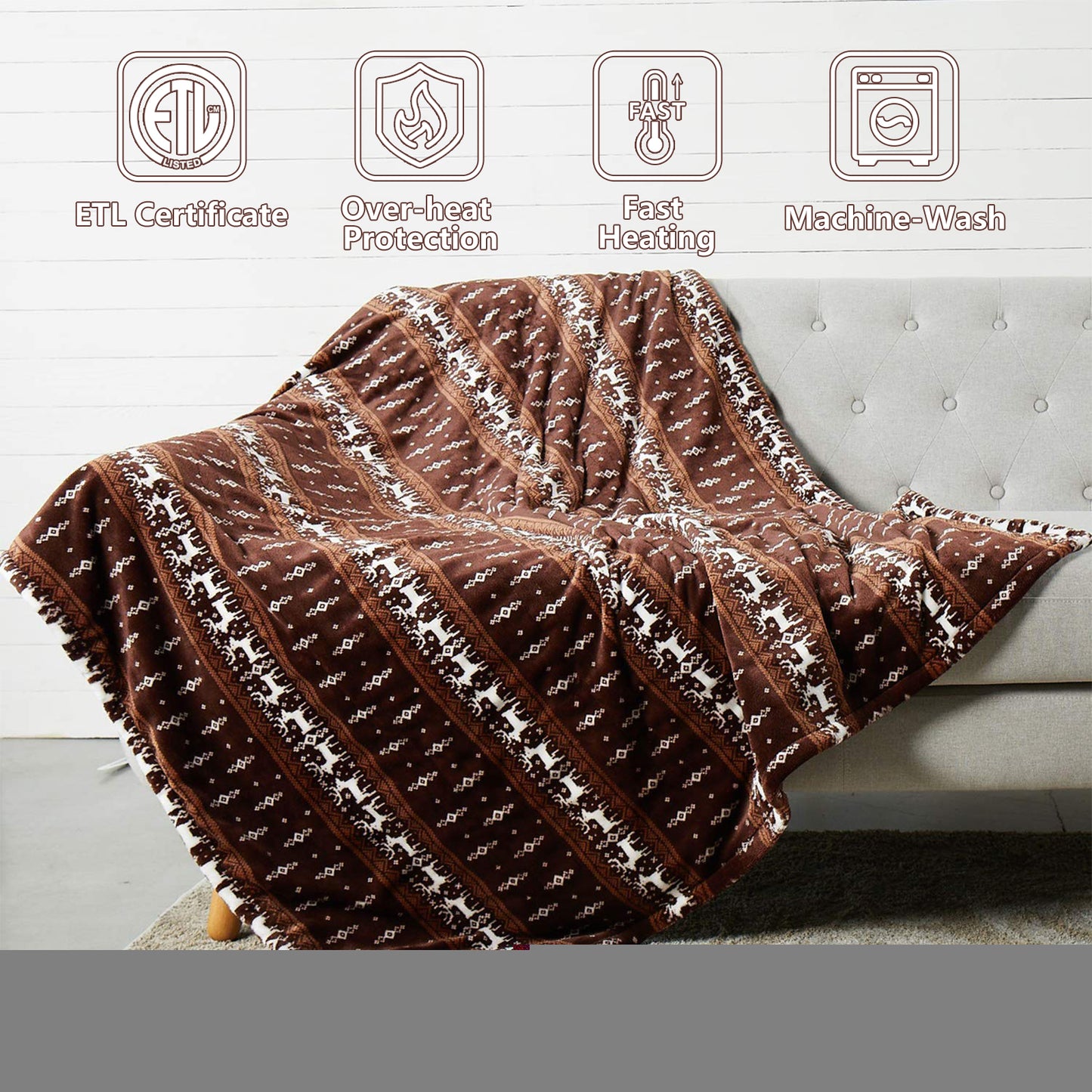 Heating Blanket Throw – Brown with Reindeer Pattern, Perfect Christmas Gift