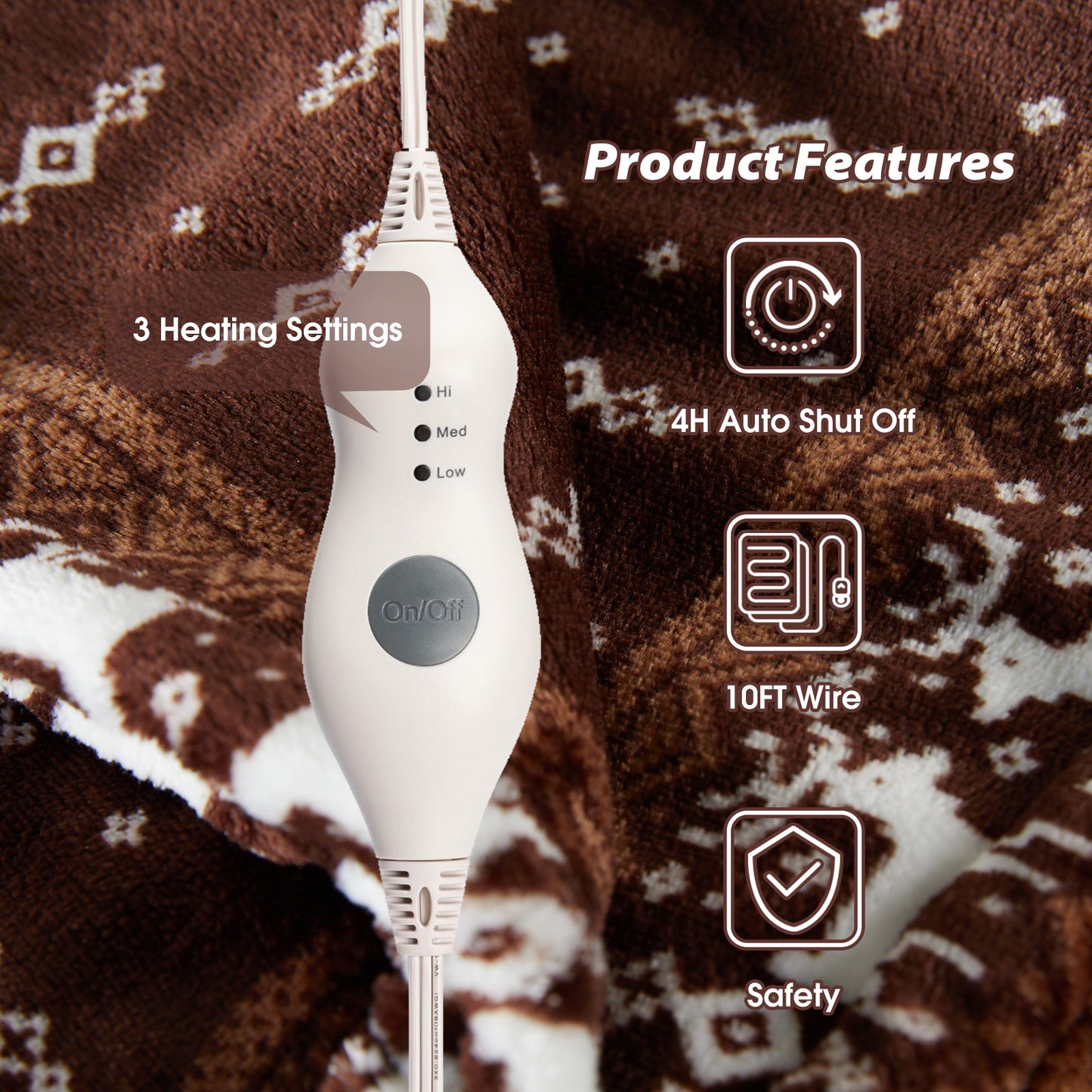 Heating Blanket Throw – Brown with Reindeer Pattern, Perfect Christmas Gift