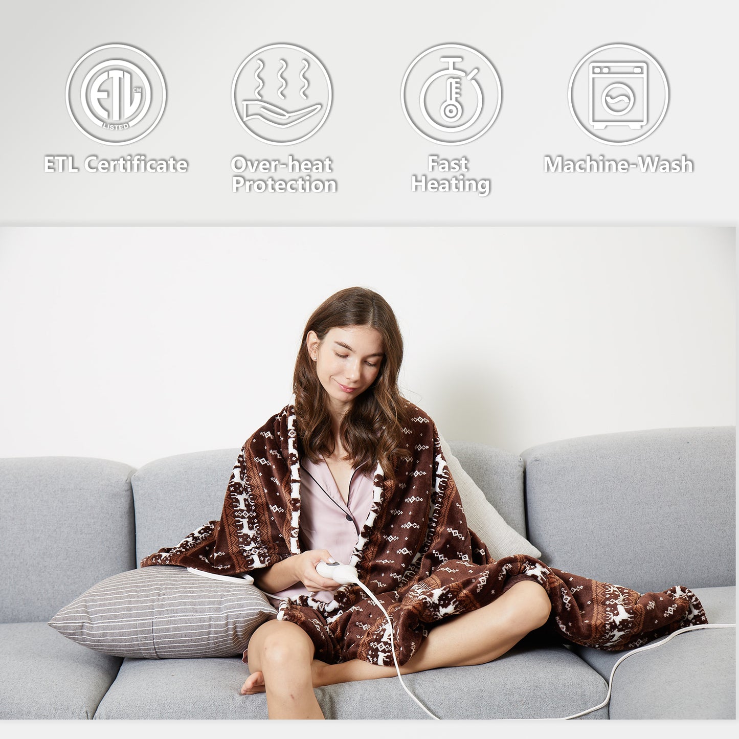 Heating Blanket Throw – Brown with Reindeer Pattern, Perfect Christmas Gift